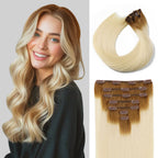 Model Wearing (#T8/60) Light Brown to Platinum Blonde Classic Clip Ins