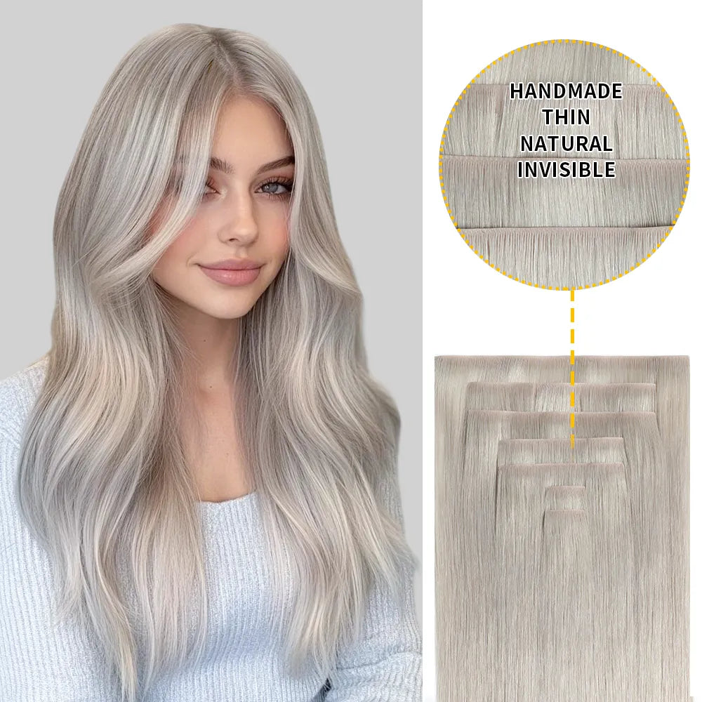 Model Wearing Silver Seamless Clip Ins 7Pcs 16 Clips