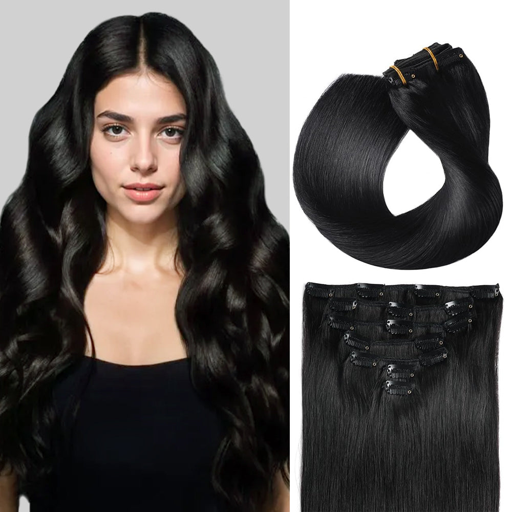 Model Wearing (#1) Jet Black Classic Clip Ins