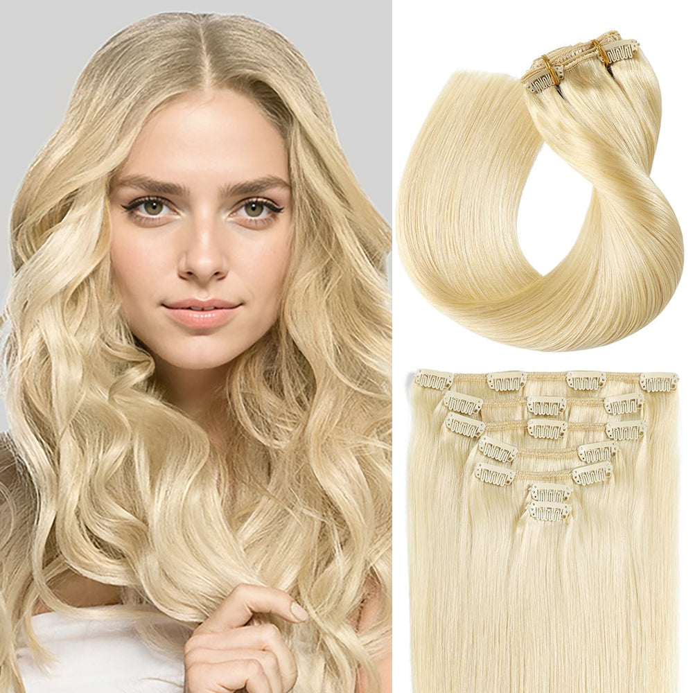 Model Wearing (#613) Bleach Blonde Classic Clip Ins