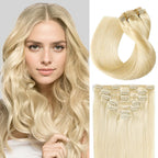 Model Wearing (#613) Bleach Blonde Classic Clip Ins