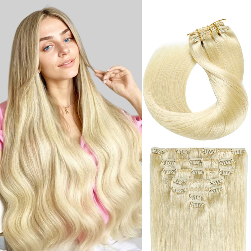 Model Wearing (#60) Platinum Blonde Classic Clip Ins