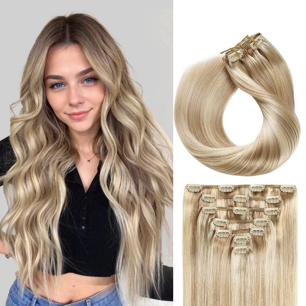 Model Wearing (#P18/613) Ash Blonde Highlights Classic Clip Ins