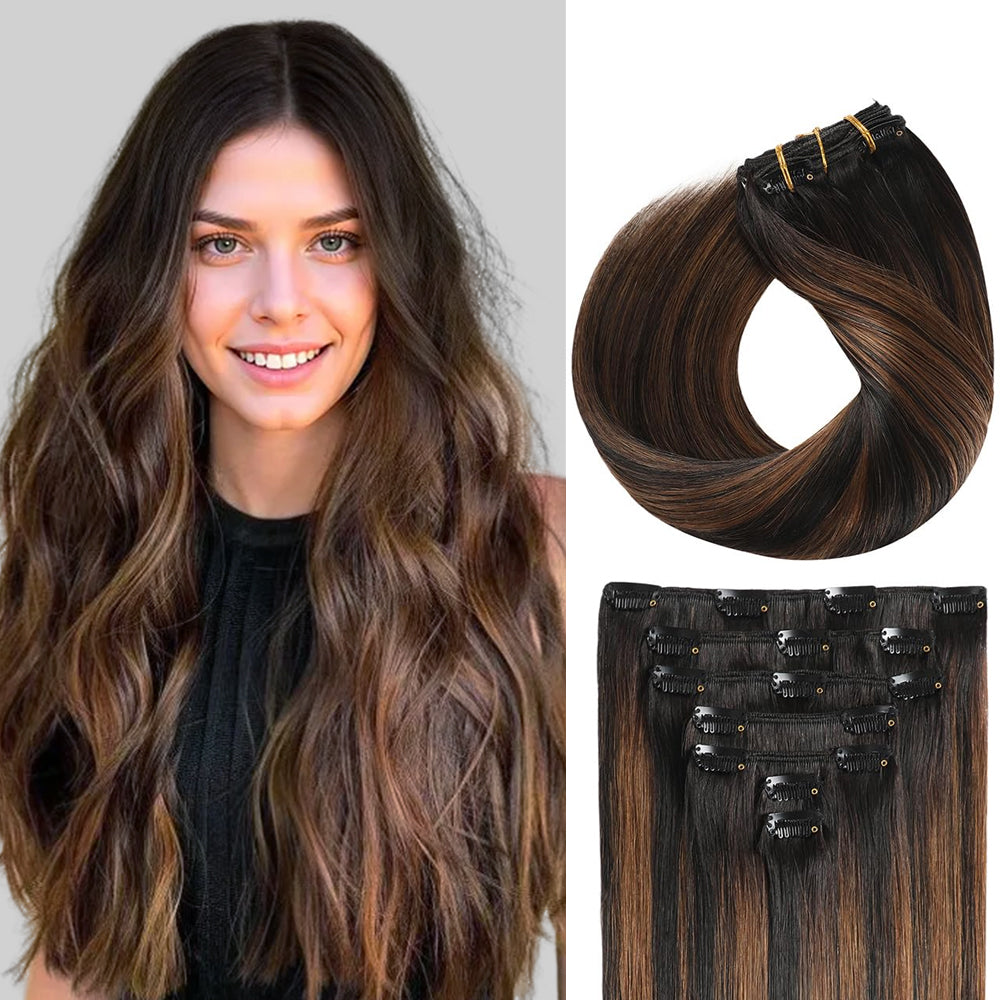 Model Wearing (#P1B/6/T1B) Natural Black Balayage Classic Clip Ins