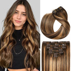 Model Wearing (#P4/27/T4) Chocolate Brown to Caramel Blonde Classic Clip Ins