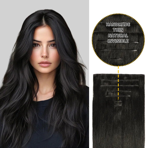 Model Wearing Seamless Clip Ins 7Pcs 16 Clips (#1B) Natural Black