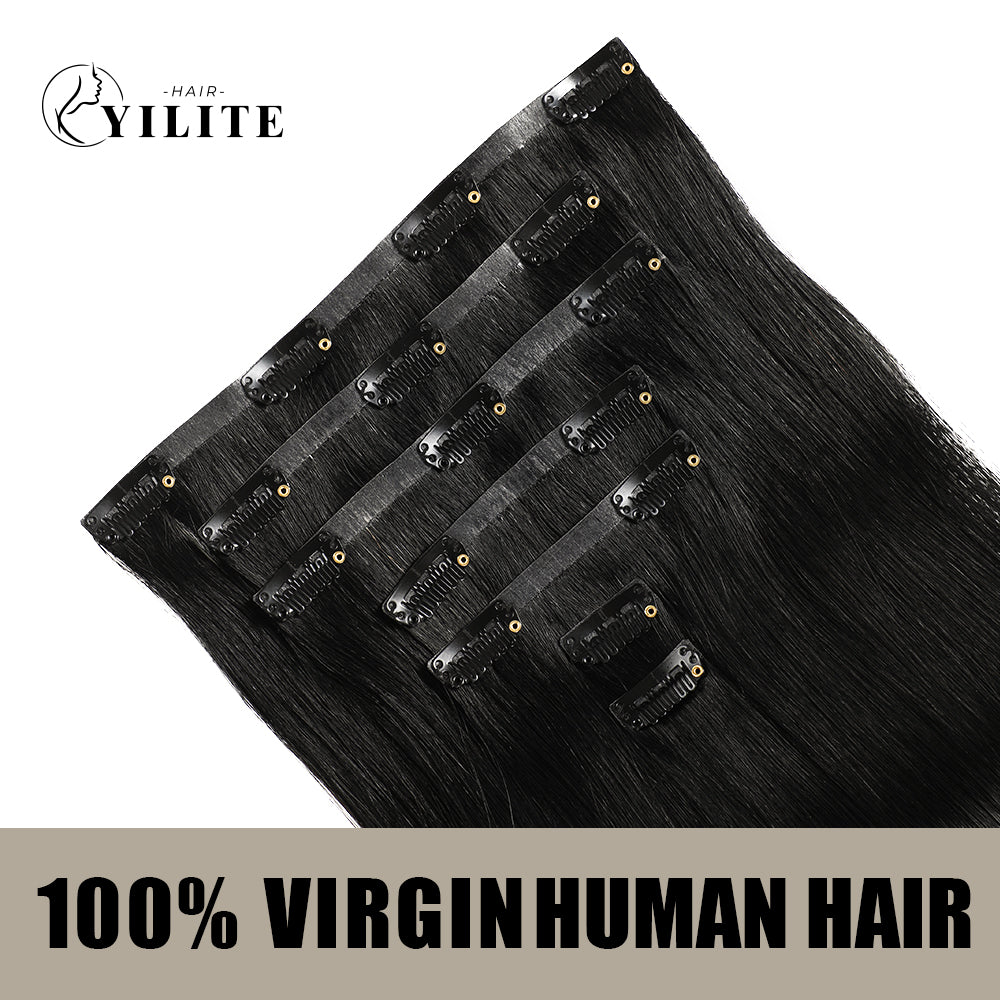 Back View of Seamless Clip Ins 7Pcs 16 Clips Virgin Human Hair (#1B) Natural Black