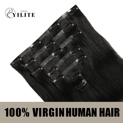 Back View of Seamless Clip Ins 7Pcs 16 Clips Virgin Human Hair (#1B) Natural Black