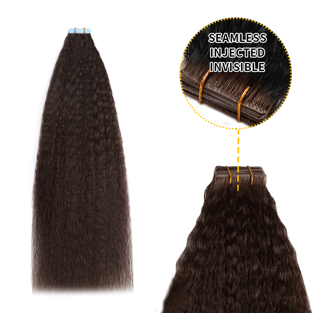 (#2) Darkest Brown Kinky Straight Invisible Tape Ins 20Pcs