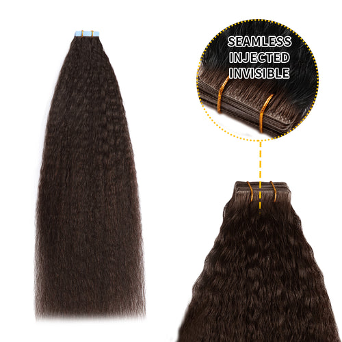 (#2) Darkest Brown Kinky Straight Invisible Tape Ins 20Pcs