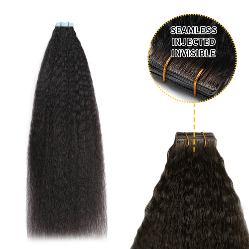 (#1B) Natural Black Kinky Straight Invisible Tape Ins 20Pcs