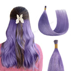Back View of Model Wearing Rose Purple I Tip Extensions Blended with Black Hair