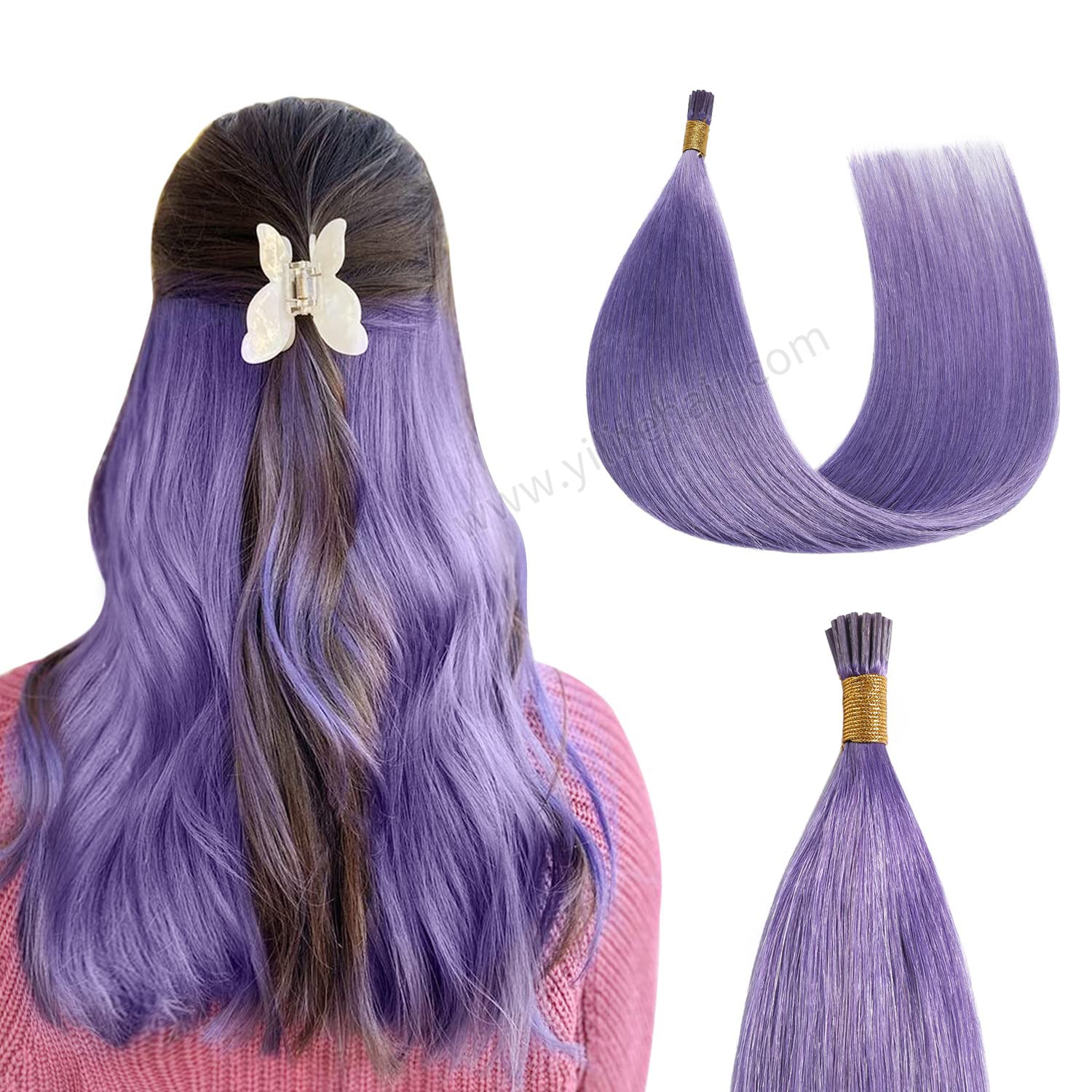 Back View of Model Wearing Rose Purple I Tip Extensions Blended with Black Hair