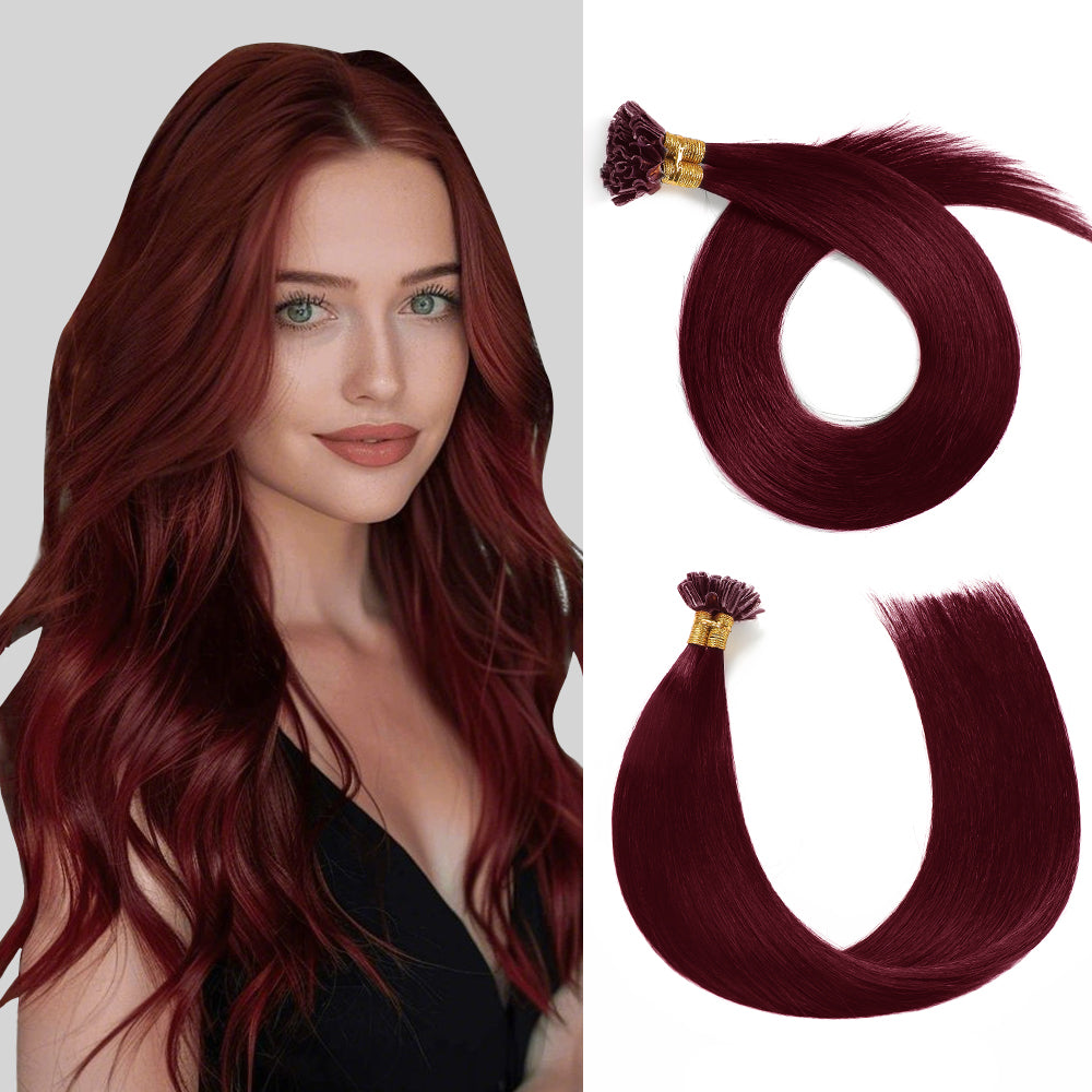 Model Wearing (#99J) Burgundy U Tip Hair Extensions