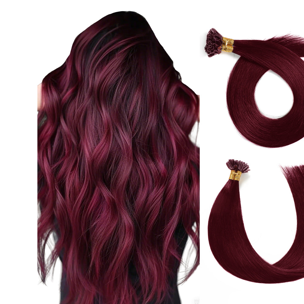 Back View of Model Wearing (#99J) Burgundy U Tip Hair Extensions 