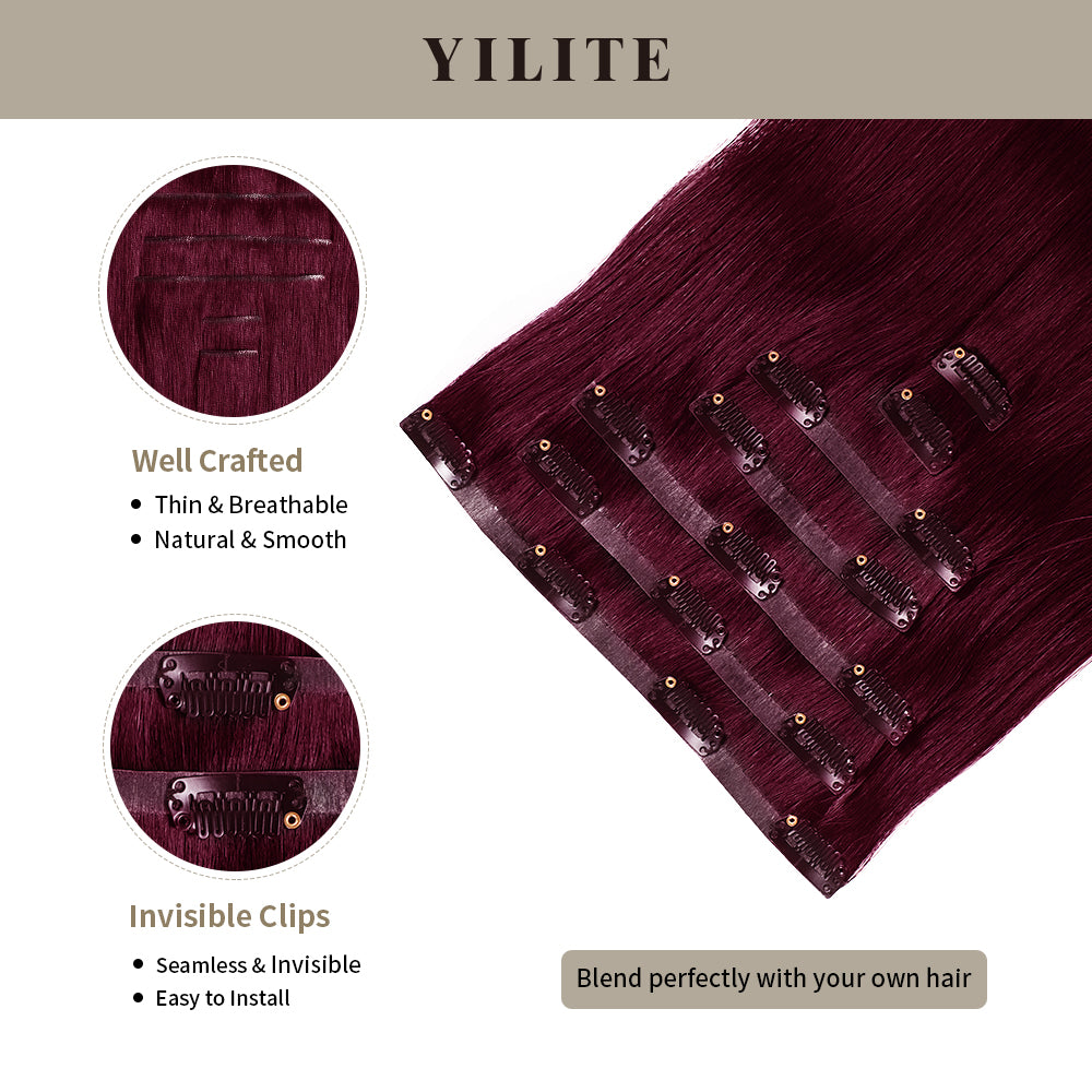Seamless Clip Ins 7Pcs with Front View Thumbnail and Close-Up of Clips (#99J) Burgundy