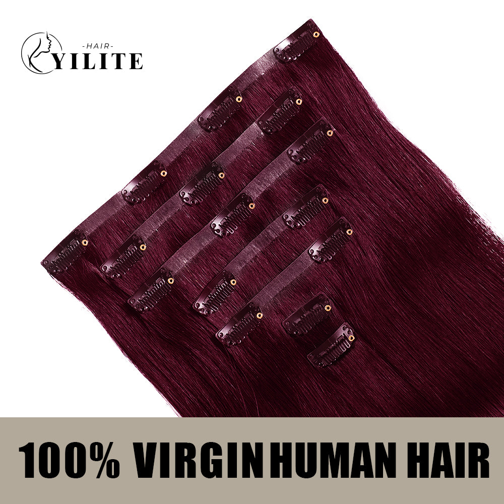 Back View of Seamless Clip Ins 7Pcs 16 Clips Virgin Human Hair (#99J) Burgundy
