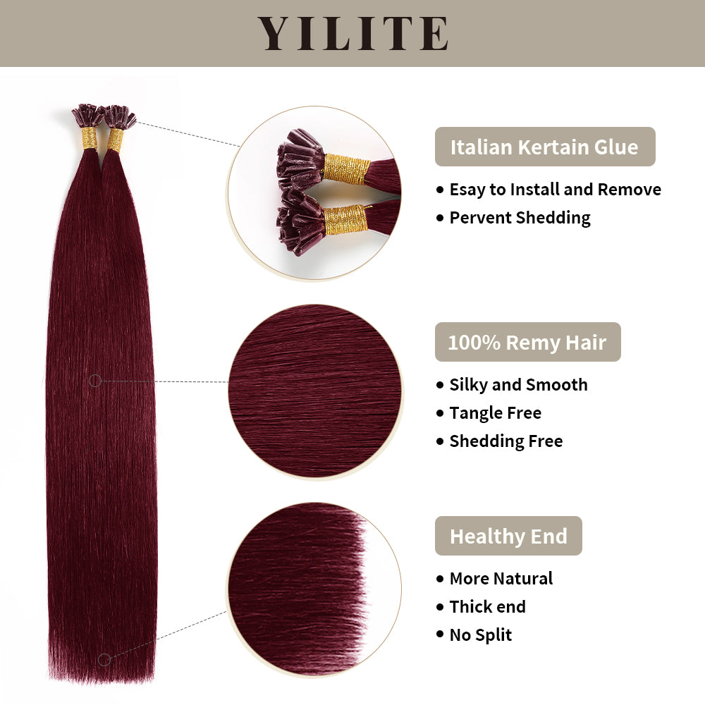(#99J) Burgundy U Tip Hair Extensions with Italian Keratin Glue, 100% Virgin Hair, Healthy Ends
