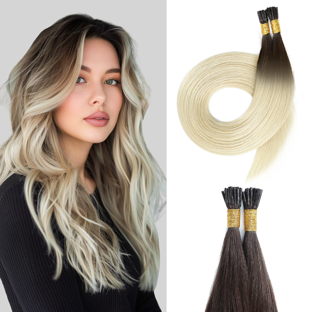 Model Wearing (#T2/60) Darkest Brown to Platinum Blonde I Tip Extensions