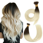 Back View of Model Wearing (#T2/60) Darkest Brown to Platinum Blonde U Tip Hair Extensions