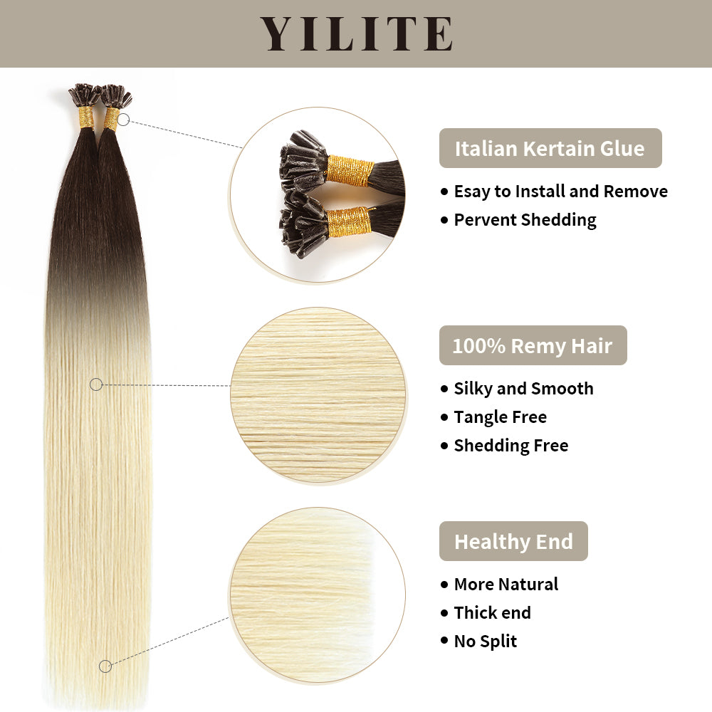 (#T2/60) U Tip Hair Extensions with Italian Keratin Glue,100% Virgin Hair, Healthy Ends