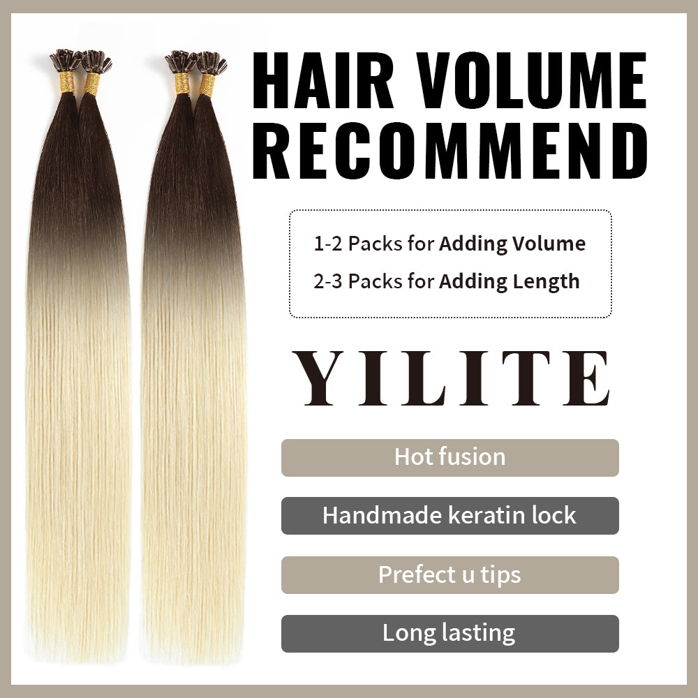 (#T2/60) Darkest Brown to Platinum Blonde U Tip Hair Extensions with Hair Volume Recommend