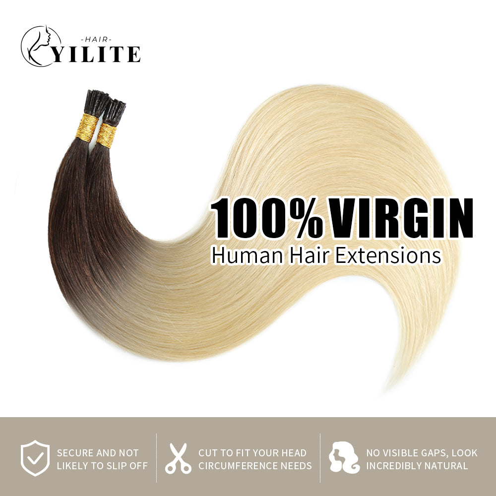 (#T2/60) Darkest Brown to Platinum Blonde I Tip Extensions 100% Virgin Human Hair 