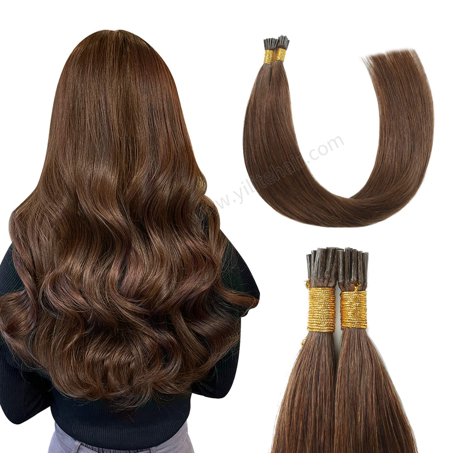 Back View of Model Wearing (#4) Chocolate Brown I Tip Extensions
