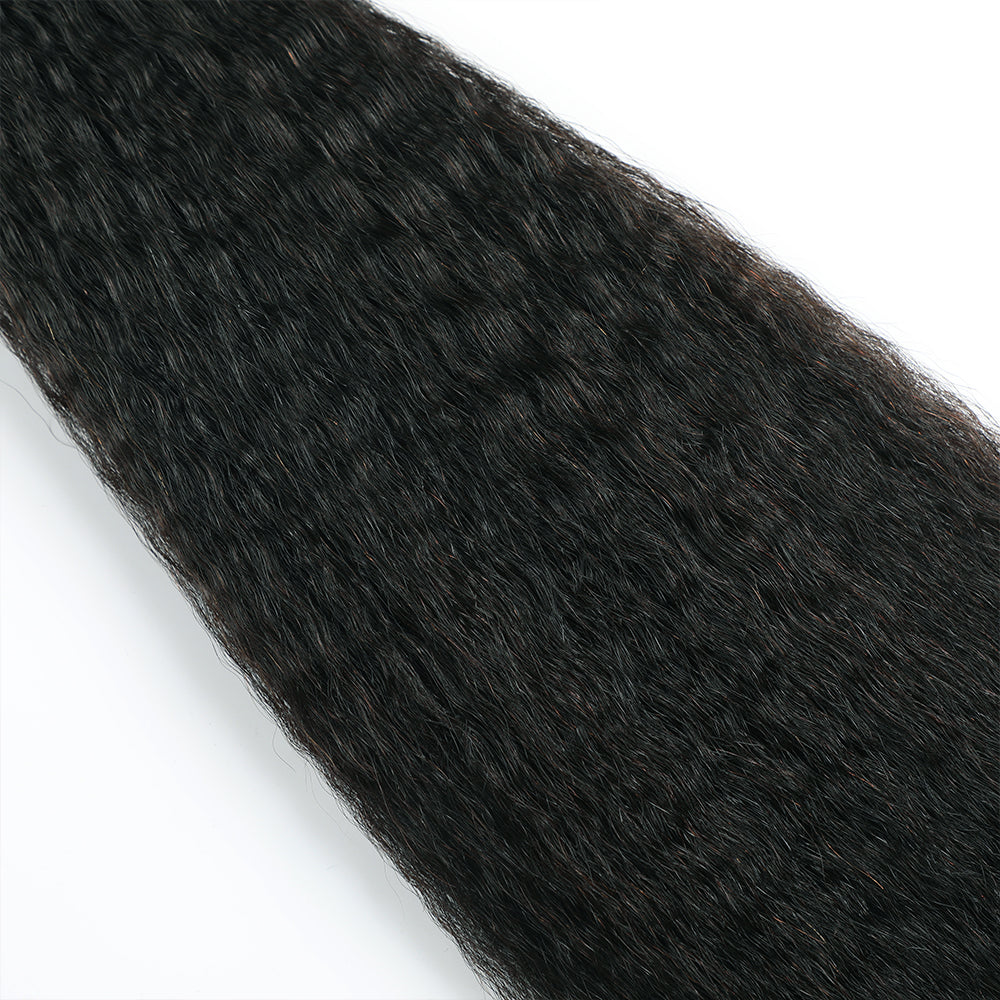 Close-up of (#1) Jet Black Kinky Straight Invisible Tape Ins 20Pcs