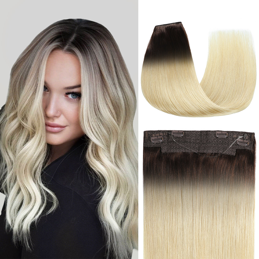 Model Showcasing (#T2/60) Darkest Brown to Platinum Blonde Invisible Wire Hair Extensions