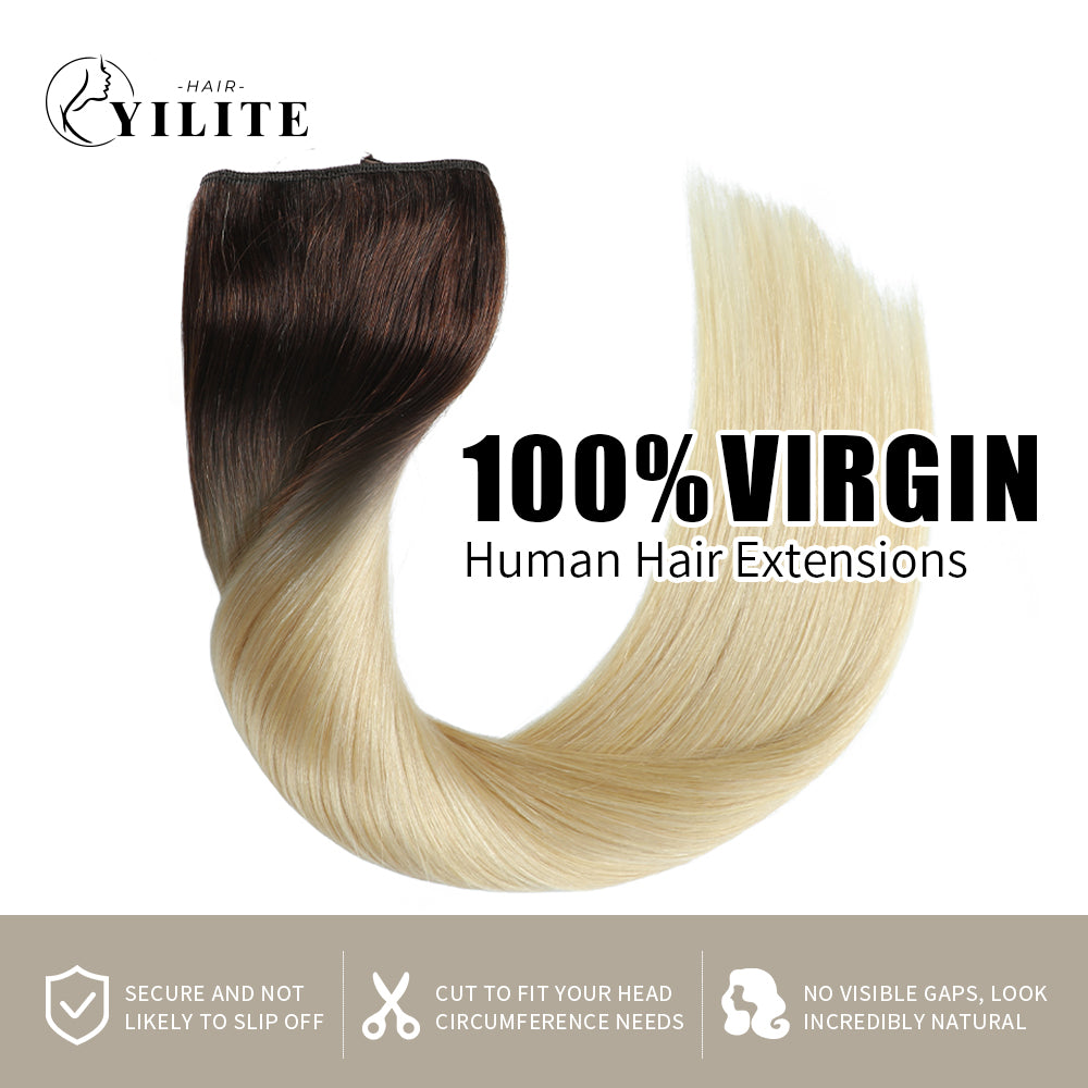 (#T2/60) Darkest Brown to Platinum Blonde  Invisible Wire Hair Extensions 100% Virgin Human Hair 