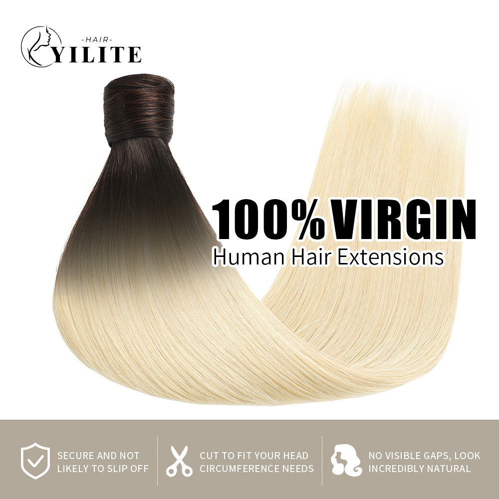 (#T2/60) Darkest Brown to Platinum Blonde Wrap Around Ponytail Extension Virgin Human Hair